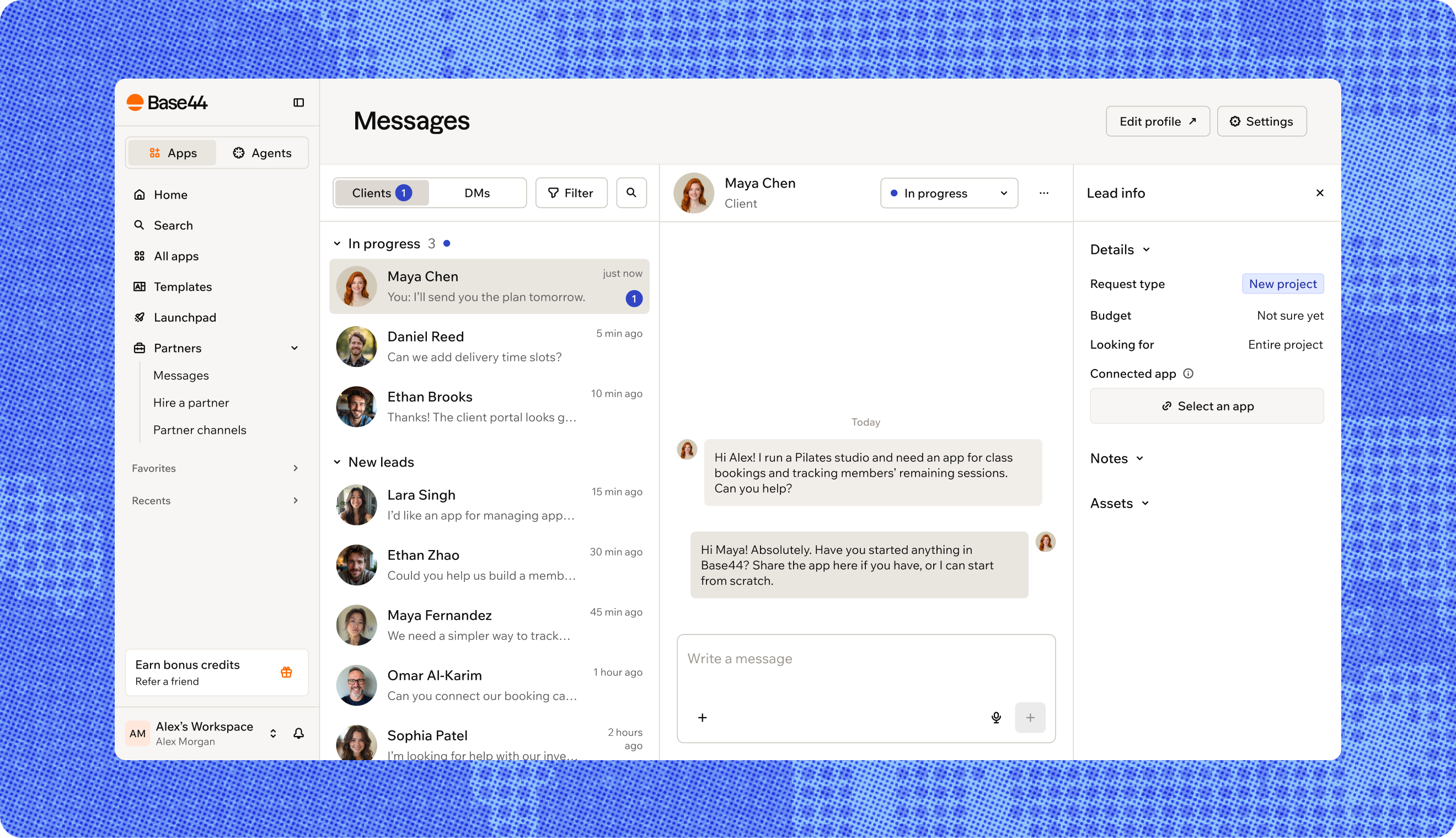 Base44 Partners Hub client messages