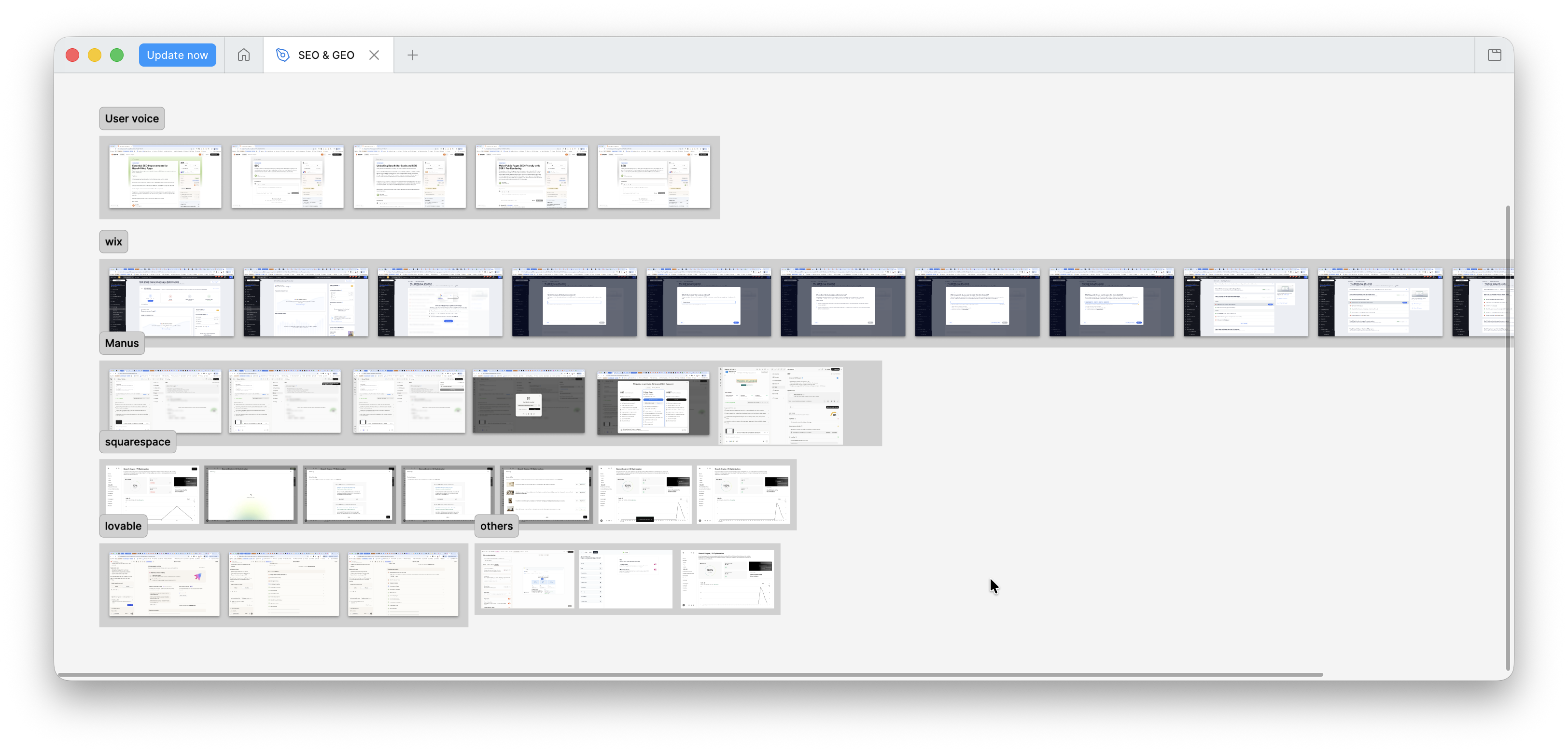 Research board with user requests and SEO competitor flows from Wix, Manus, Squarespace and Lovable